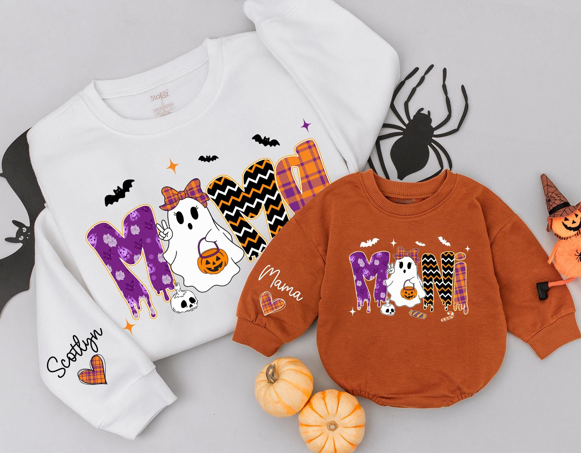 Vintage Halloween Mama and Mini Sweatshirts Cute Ghost Jack-o'-lantern Orange Purple Plaid Zigzag Patterns Matching Family Outfit