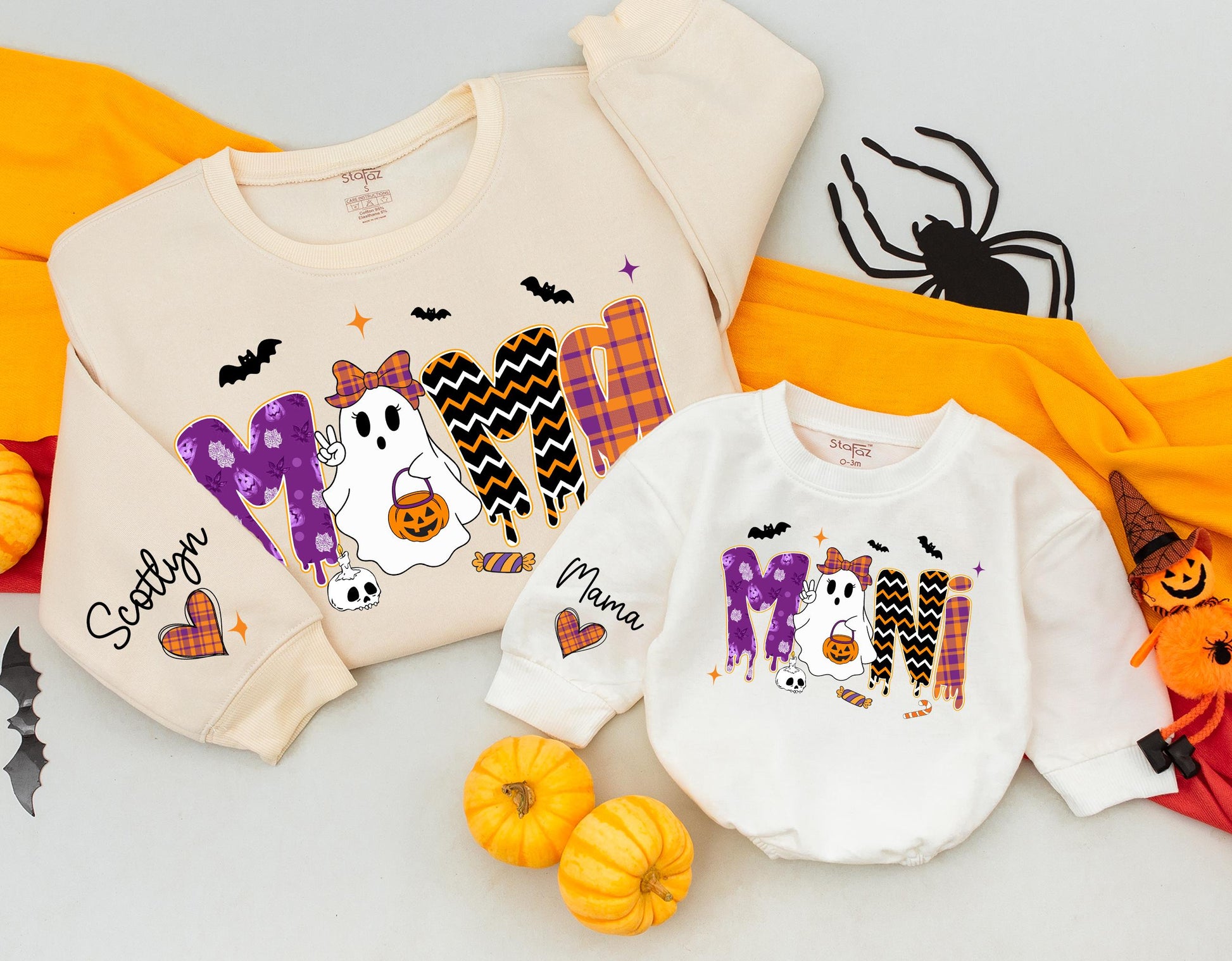 Vintage Halloween Mama and Mini Sweatshirts Cute Ghost Jack-o'-lantern Orange Purple Plaid Zigzag Patterns Matching Family Outfit