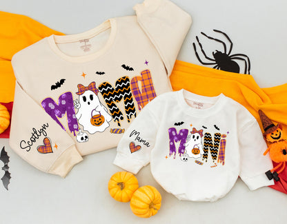 Vintage Halloween Mama and Mini Sweatshirts Cute Ghost Jack-o'-lantern Orange Purple Plaid Zigzag Patterns Matching Family Outfit