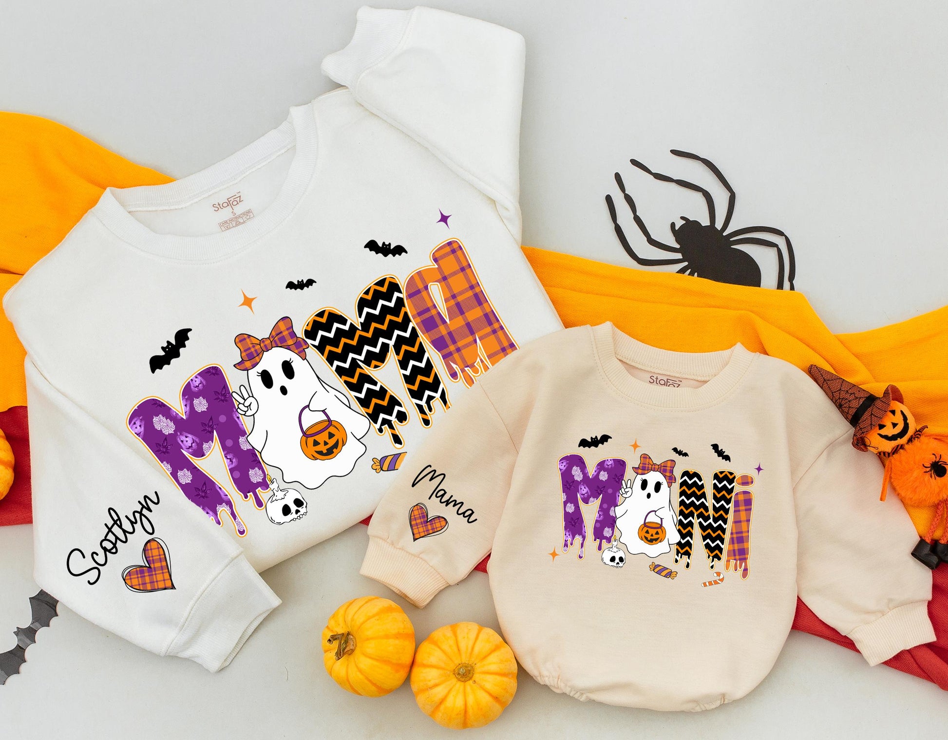Vintage Halloween Mama and Mini Sweatshirts Cute Ghost Jack-o'-lantern Orange Purple Plaid Zigzag Patterns Matching Family Outfit