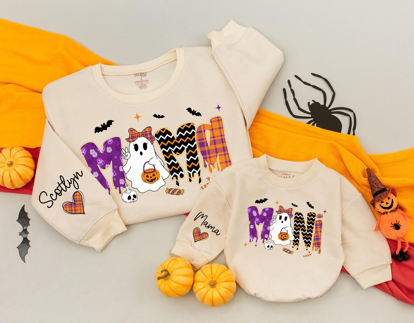 Vintage Halloween Mama and Mini Sweatshirts Cute Ghost Jack-o'-lantern Orange Purple Plaid Zigzag Patterns Matching Family Outfit