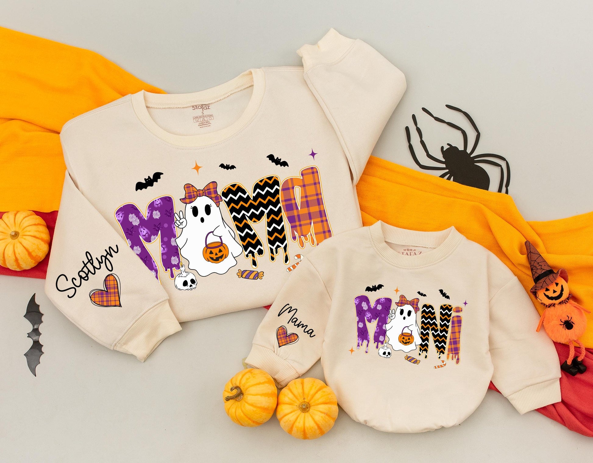 Vintage Halloween Mama and Mini Sweatshirts Cute Ghost Jack-o'-lantern Orange Purple Plaid Zigzag Patterns Matching Family Outfit