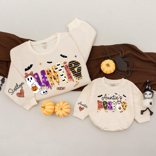 Spooky Bestie & Auntie Halloween Sweatshirts: Matching Cute Ghost & Pumpkin Outfits, Personalized Name Sweaters for Niece, Nephew, Custom Halloween Gift