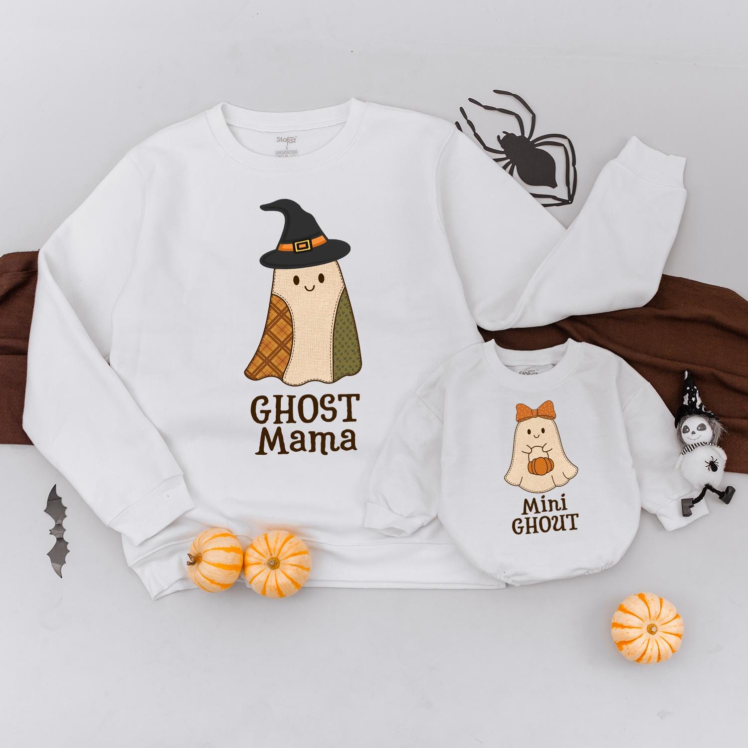Retro Ghost Mama & Mini Ghoul Matching Halloween Sweatshirts Plaid Patchwork Outfits Cute Family Fall Sweaters Spooky Season Mommy and Me Gift Sets
