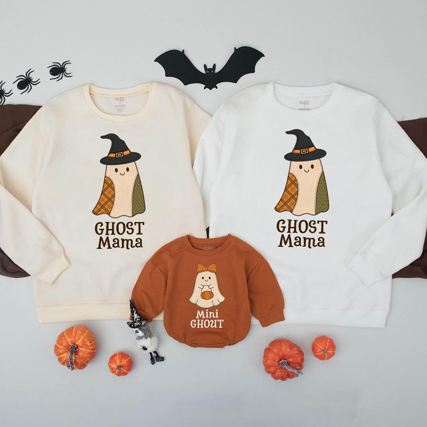 Retro Ghost Mama & Mini Ghoul Matching Halloween Sweatshirts Plaid Patchwork Outfits Cute Family Fall Sweaters Spooky Season Mommy and Me Gift Sets