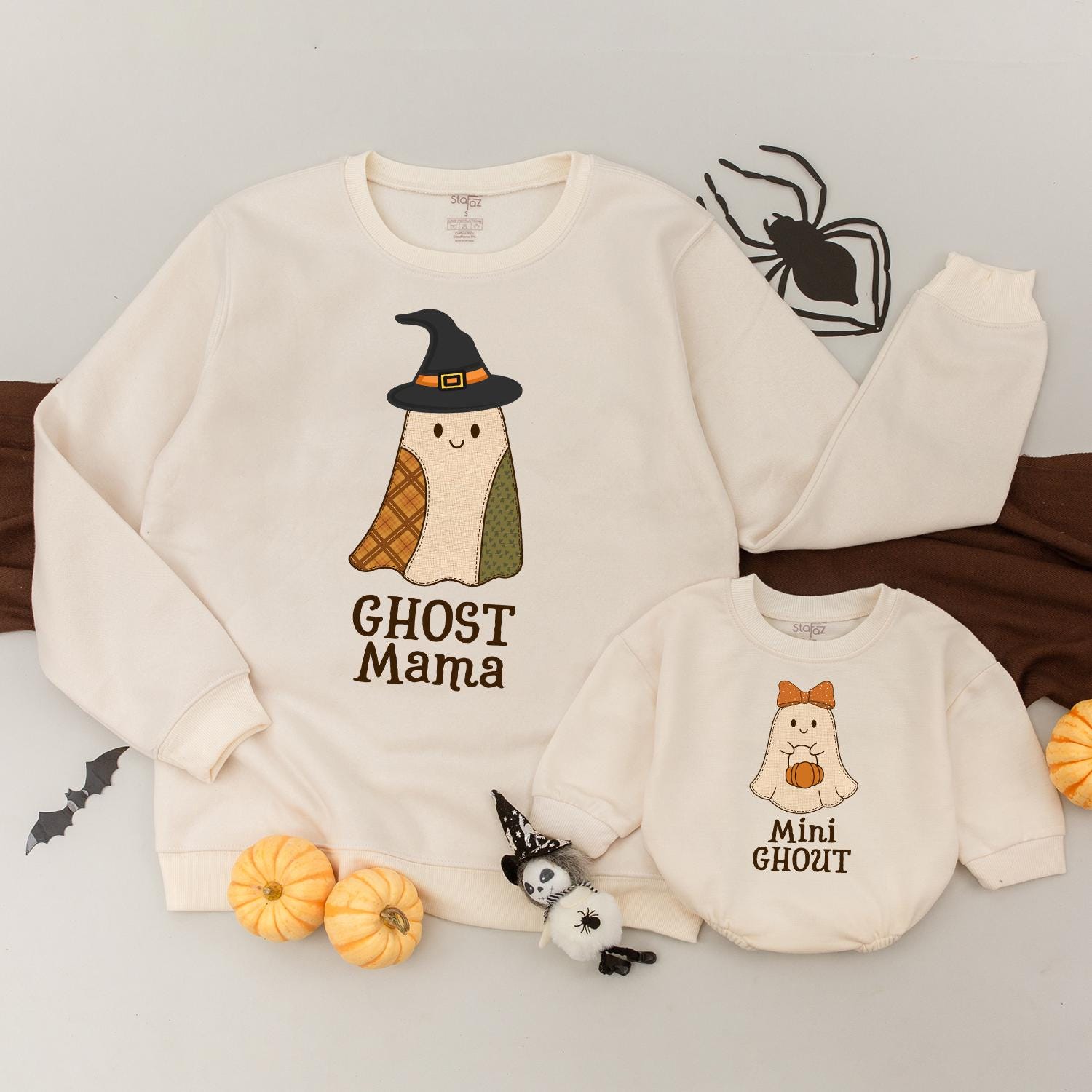 Retro Ghost Mama & Mini Ghoul Matching Halloween Sweatshirts Plaid Patchwork Outfits Cute Family Fall Sweaters Spooky Season Mommy and Me Gift Sets