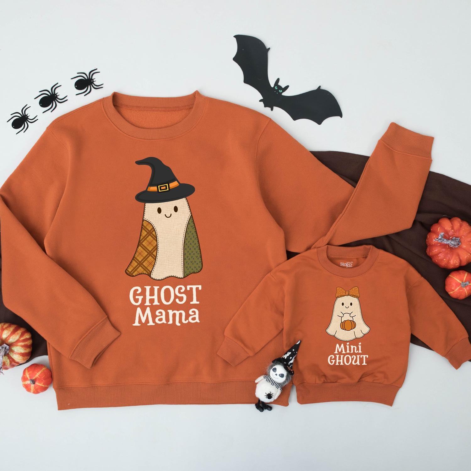Retro Ghost Mama & Mini Ghoul Matching Halloween Sweatshirts Plaid Patchwork Outfits Cute Family Fall Sweaters Spooky Season Mommy and Me Gift Sets