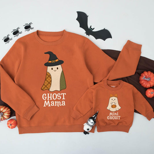 Retro Ghost Mama & Mini Ghoul Matching Halloween Sweatshirts Plaid Patchwork Outfits Cute Family Fall Sweaters Spooky Season Mommy and Me Gift Sets
