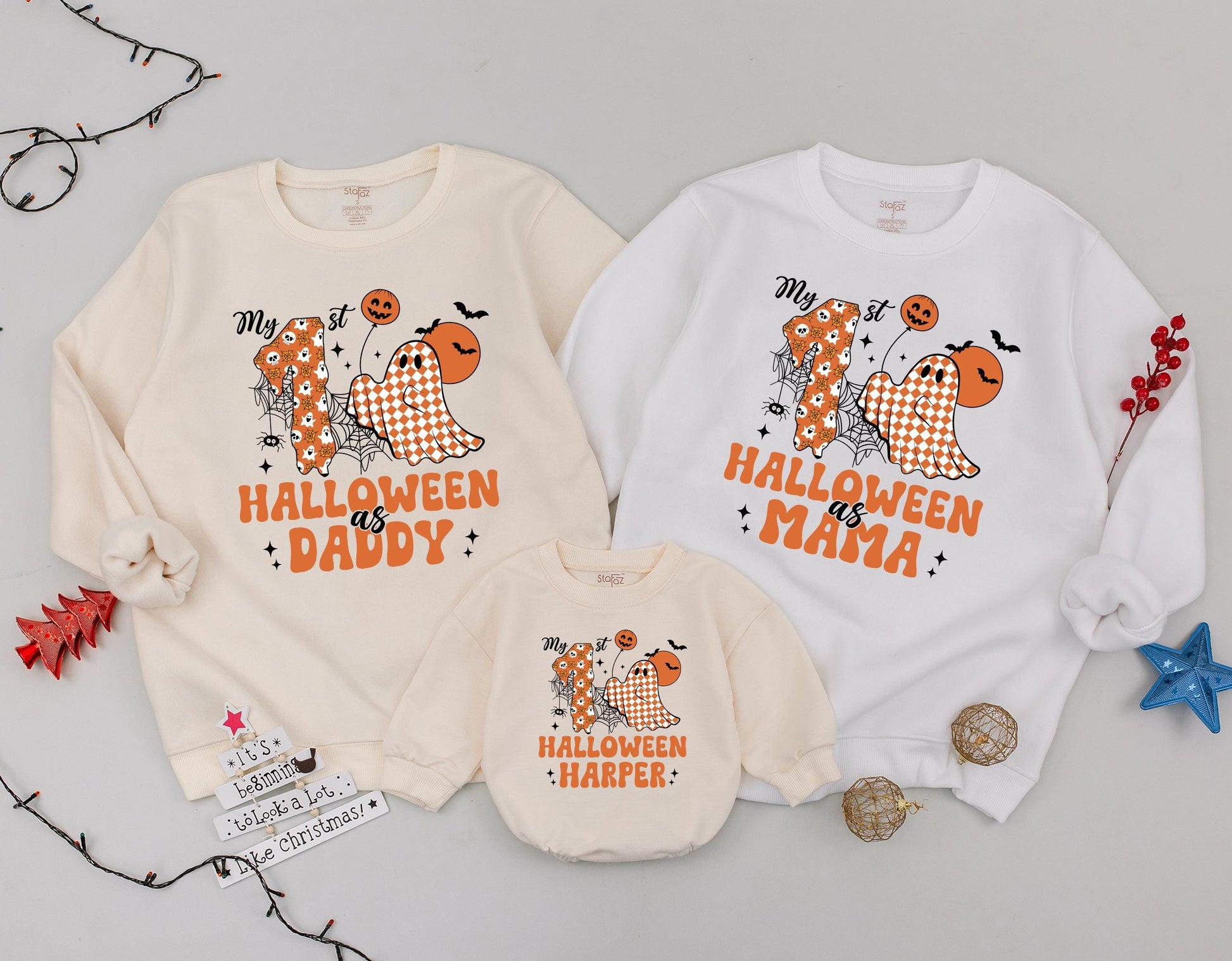 Personalized 1st Halloween Matching Mommy & Me Sweatshirts Spooky Retro Pumpkin Season Groovy Fall Family Outfits with Cute Ghosts and Webs
