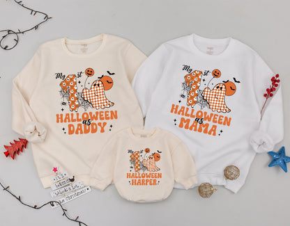 Personalized 1st Halloween Matching Mommy & Me Sweatshirts Spooky Retro Pumpkin Season Groovy Fall Family Outfits with Cute Ghosts and Webs