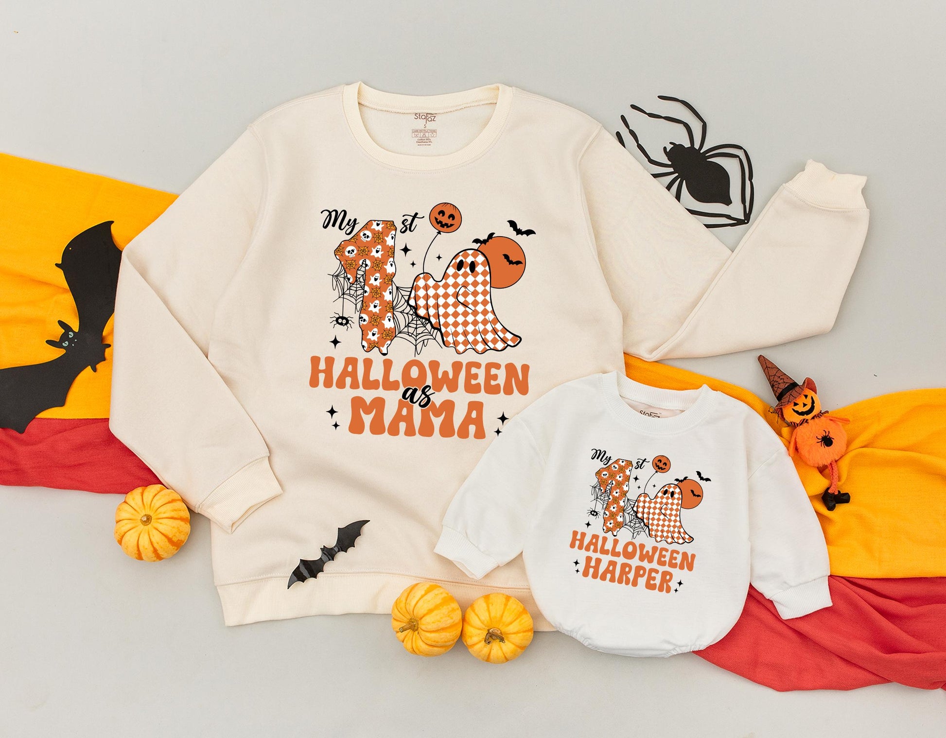 Personalized 1st Halloween Matching Mommy & Me Sweatshirts Spooky Retro Pumpkin Season Groovy Fall Family Outfits with Cute Ghosts and Webs