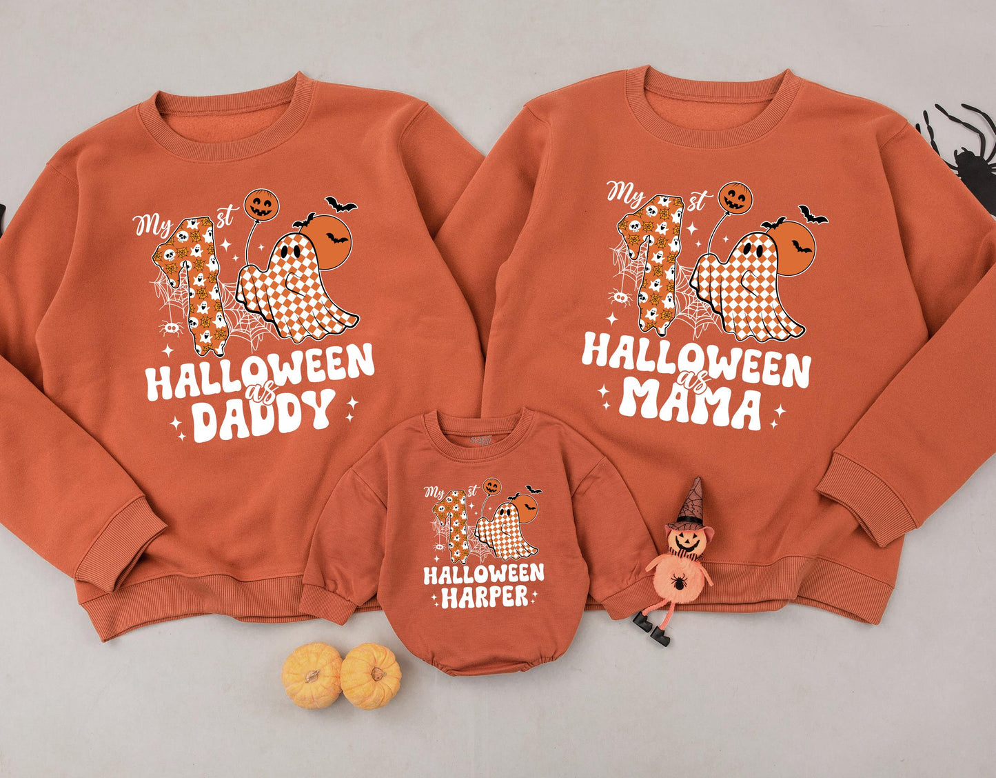 Personalized 1st Halloween Matching Mommy & Me Sweatshirts Spooky Retro Pumpkin Season Groovy Fall Family Outfits with Cute Ghosts and Webs