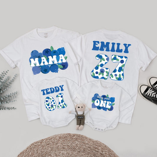 Family Blueberry Birthday Shirts Mama Emily Teddy One Berry Sweet First Birthday Matching Outfits Retro Blue Green Theme