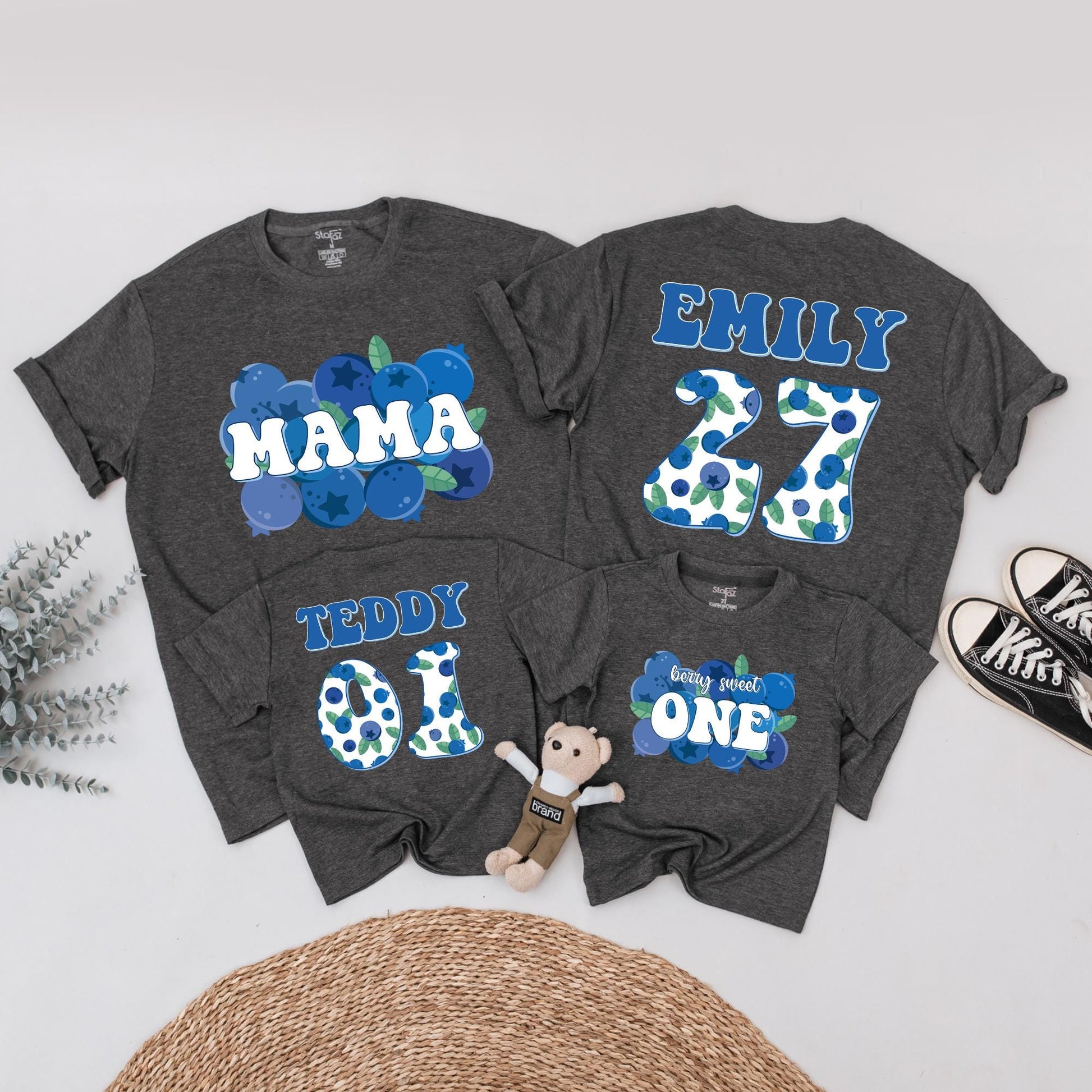 Family Blueberry Birthday Shirts Mama Emily Teddy One Berry Sweet First Birthday Matching Outfits Retro Blue Green Theme