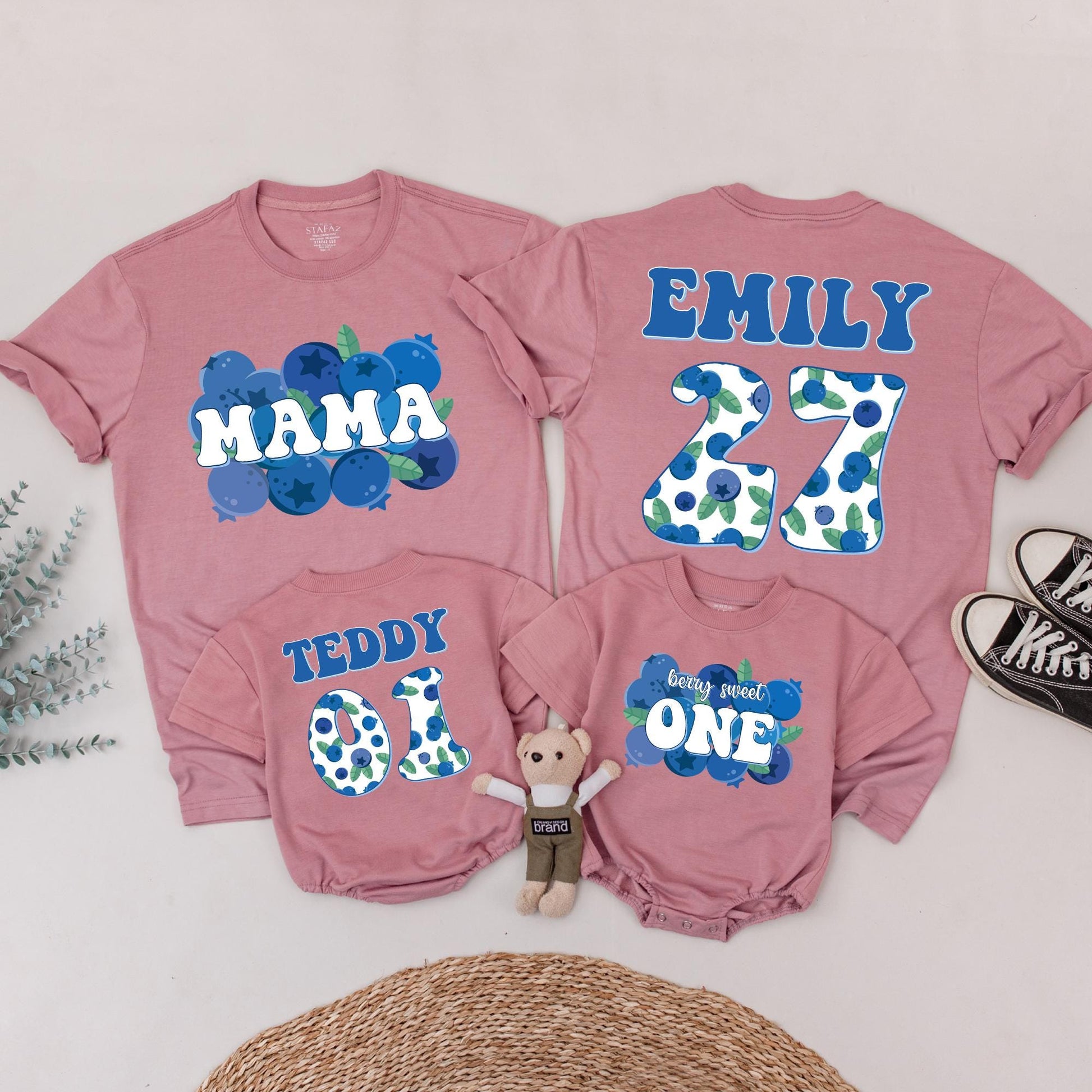 Family Blueberry Birthday Shirts Mama Emily Teddy One Berry Sweet First Birthday Matching Outfits Retro Blue Green Theme