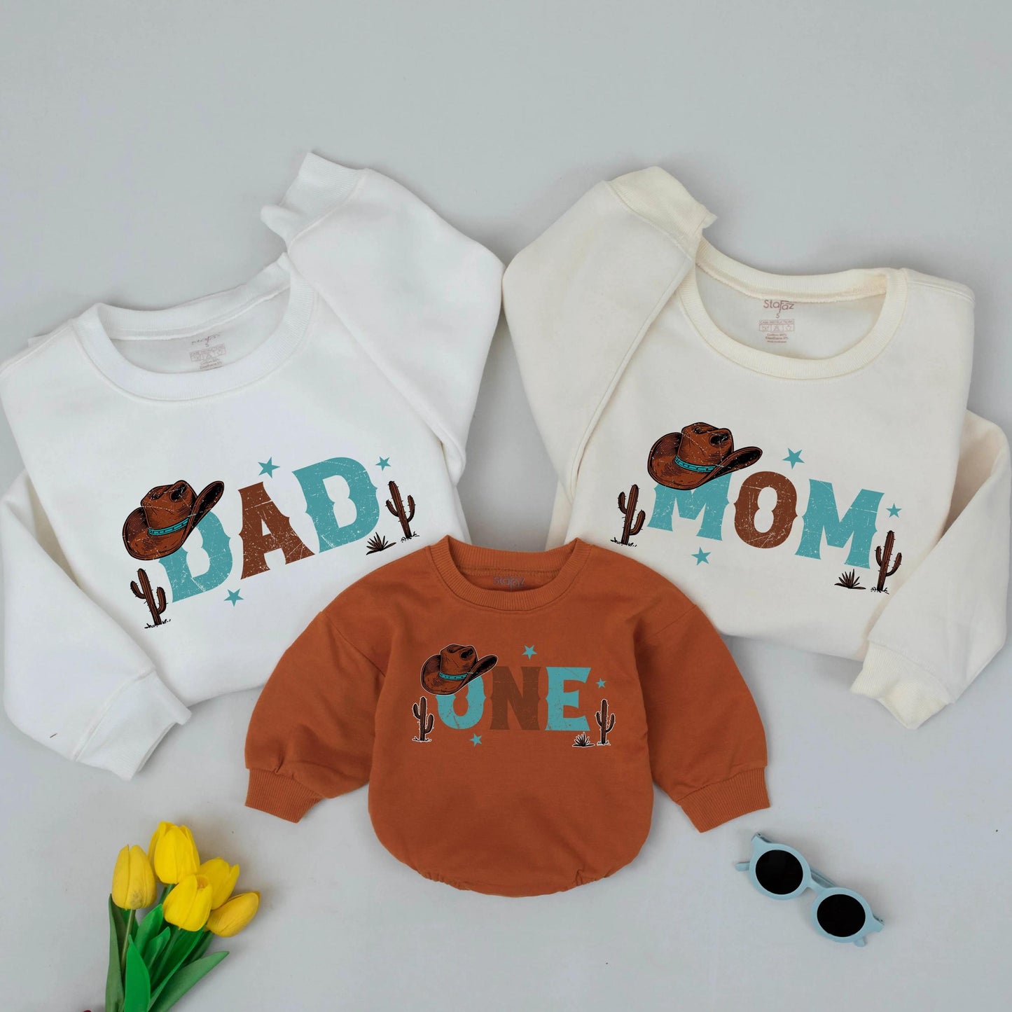 Matching First Rodeo Family Birthday Sweatshirts, Cowboy Theme Outfit for Mom, Dad, & One Year Old, Distressed Western Design