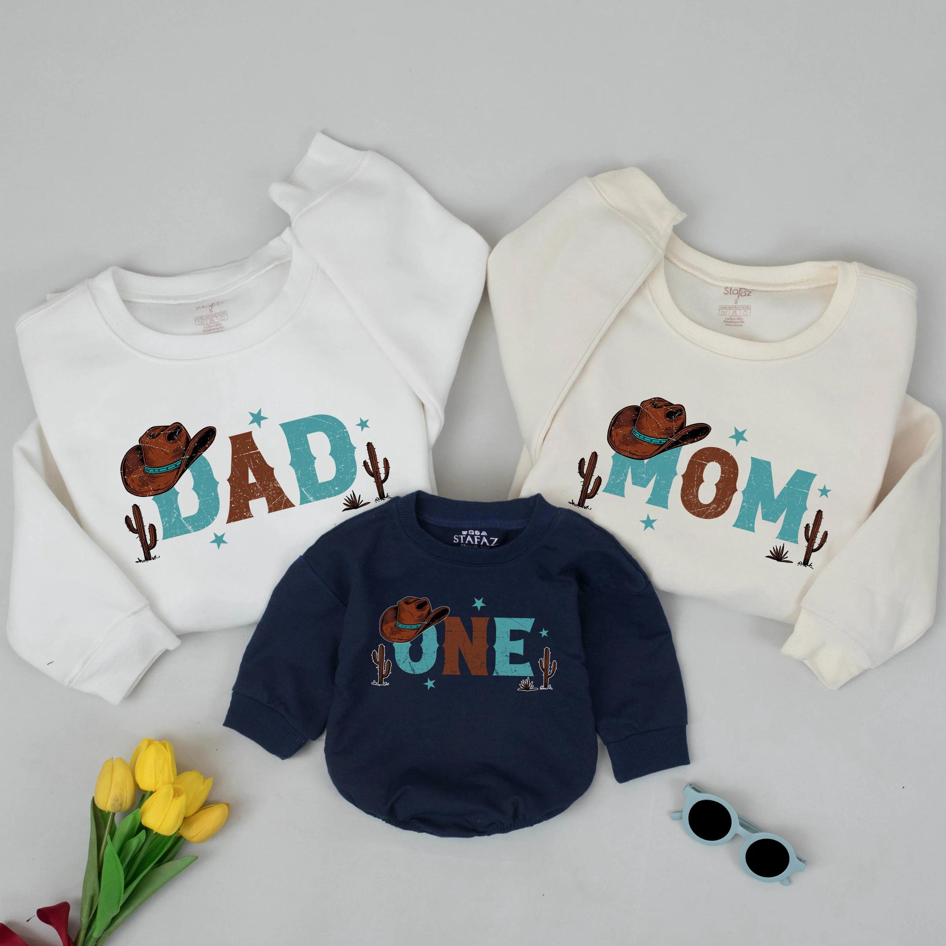 Matching First Rodeo Family Birthday Sweatshirts, Cowboy Theme Outfit for Mom, Dad, & One Year Old, Distressed Western Design
