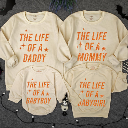 The Life of a Custom Family Matching Sweatshirt, Glitter Star Design Mommy Daddy Babygirl, Personalized Orange Text Outfit, Soft Comfy Sweaters