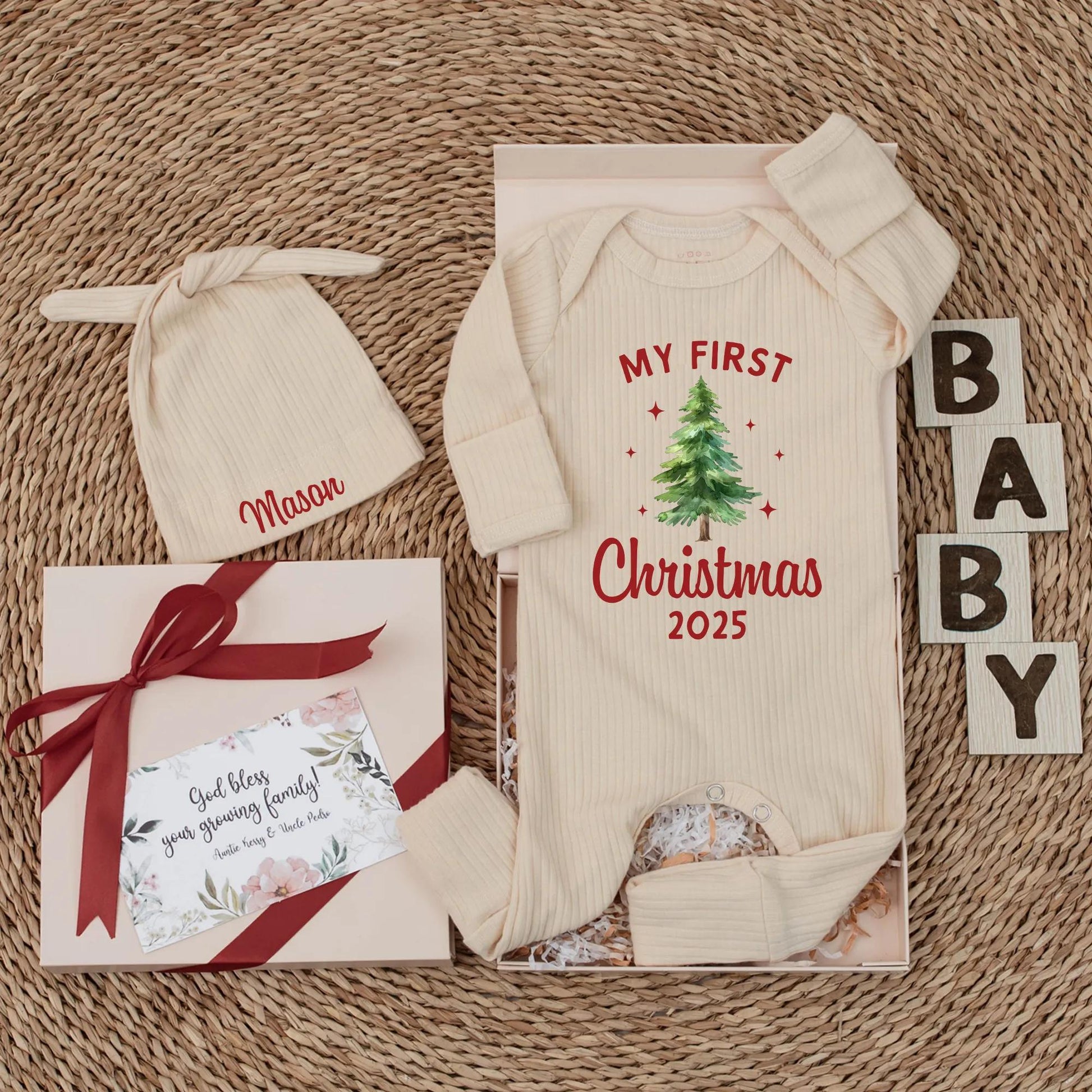 My First Christmas 2025 Baby Bodysuit, Cute Xmas Tree Design, Red "MY FIRST" & Year Print, Newborn Xmas Gift, Gender Neutral