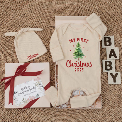 My First Christmas 2025 Baby Bodysuit, Cute Xmas Tree Design, Red "MY FIRST" & Year Print, Newborn Xmas Gift, Gender Neutral