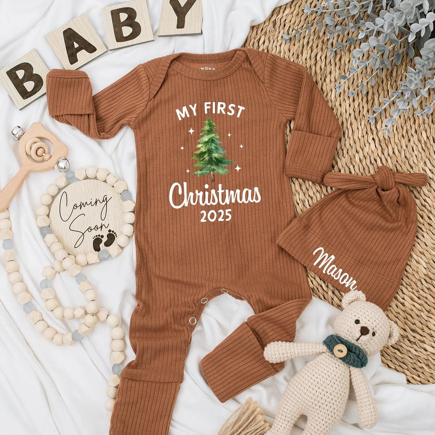My First Christmas 2025 Baby Bodysuit, Cute Xmas Tree Design, Red "MY FIRST" & Year Print, Newborn Xmas Gift, Gender Neutral