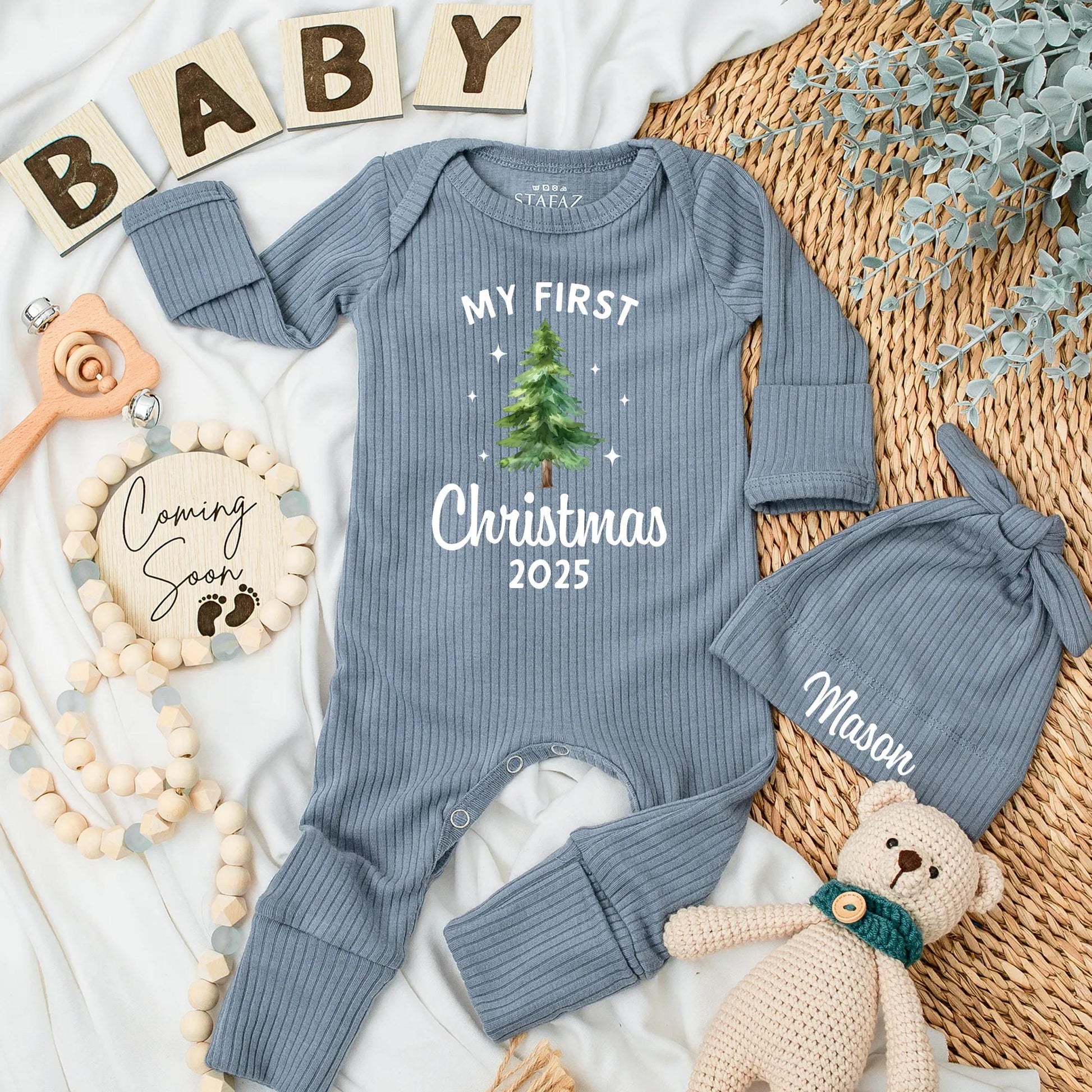 My First Christmas 2025 Baby Bodysuit, Cute Xmas Tree Design, Red "MY FIRST" & Year Print, Newborn Xmas Gift, Gender Neutral