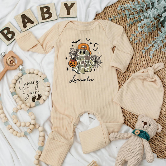 Personalized Spooky Ghost Baby Boy Bodysuit Lincoln Halloween Newborn Outfit Camo Orange Cap Jack-o-Lantern Halloween Coming Home Baby Shower Gift