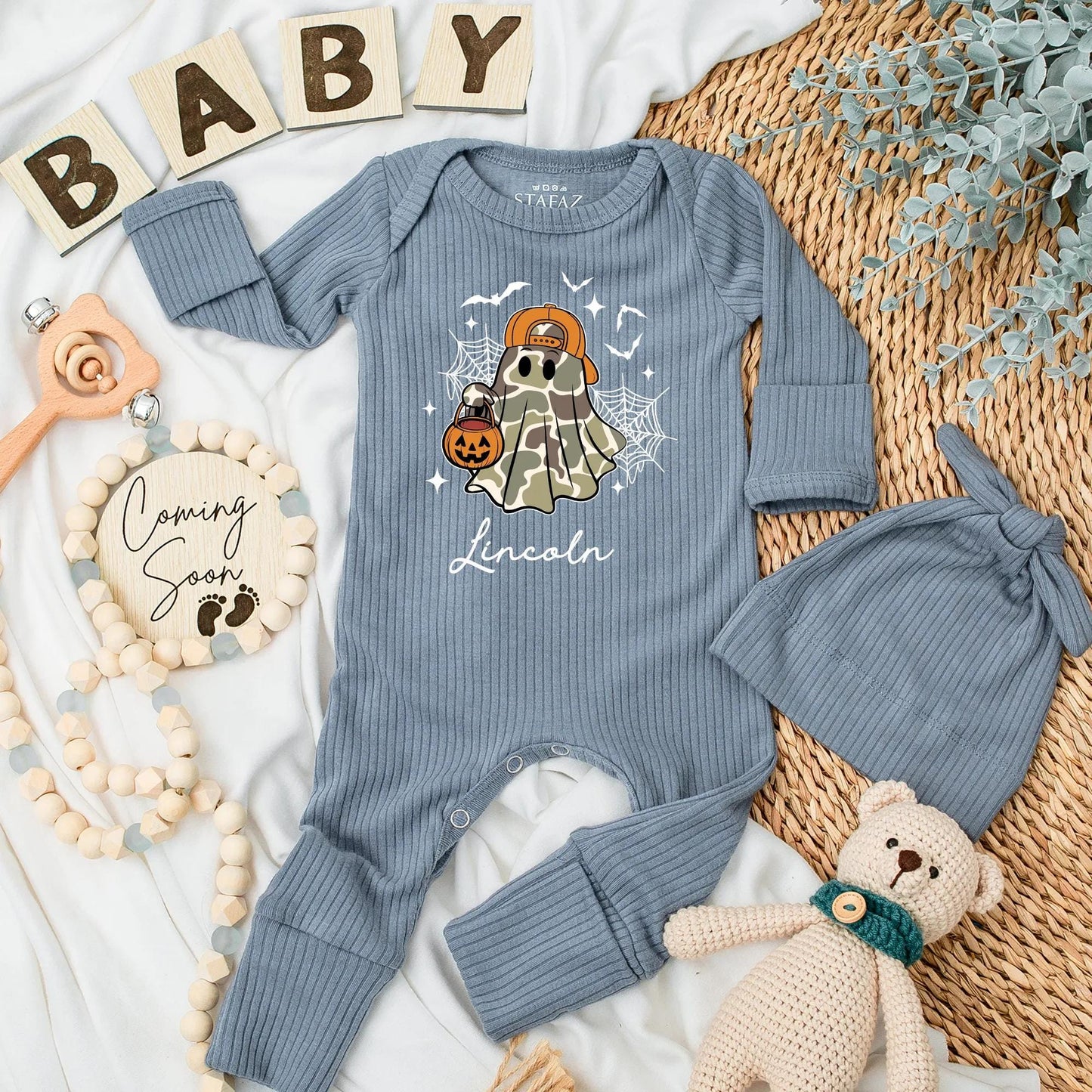 Personalized Spooky Ghost Baby Boy Bodysuit Lincoln Halloween Newborn Outfit Camo Orange Cap Jack-o-Lantern Halloween Coming Home Baby Shower Gift