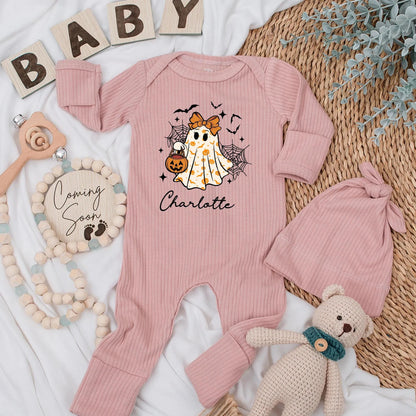 Personalized Baby Girl Halloween Bodysuit Cute Ghost with Pumpkin & Stars Charlotte Name First Halloween Outfit Baby Shower Gift Spooky Season