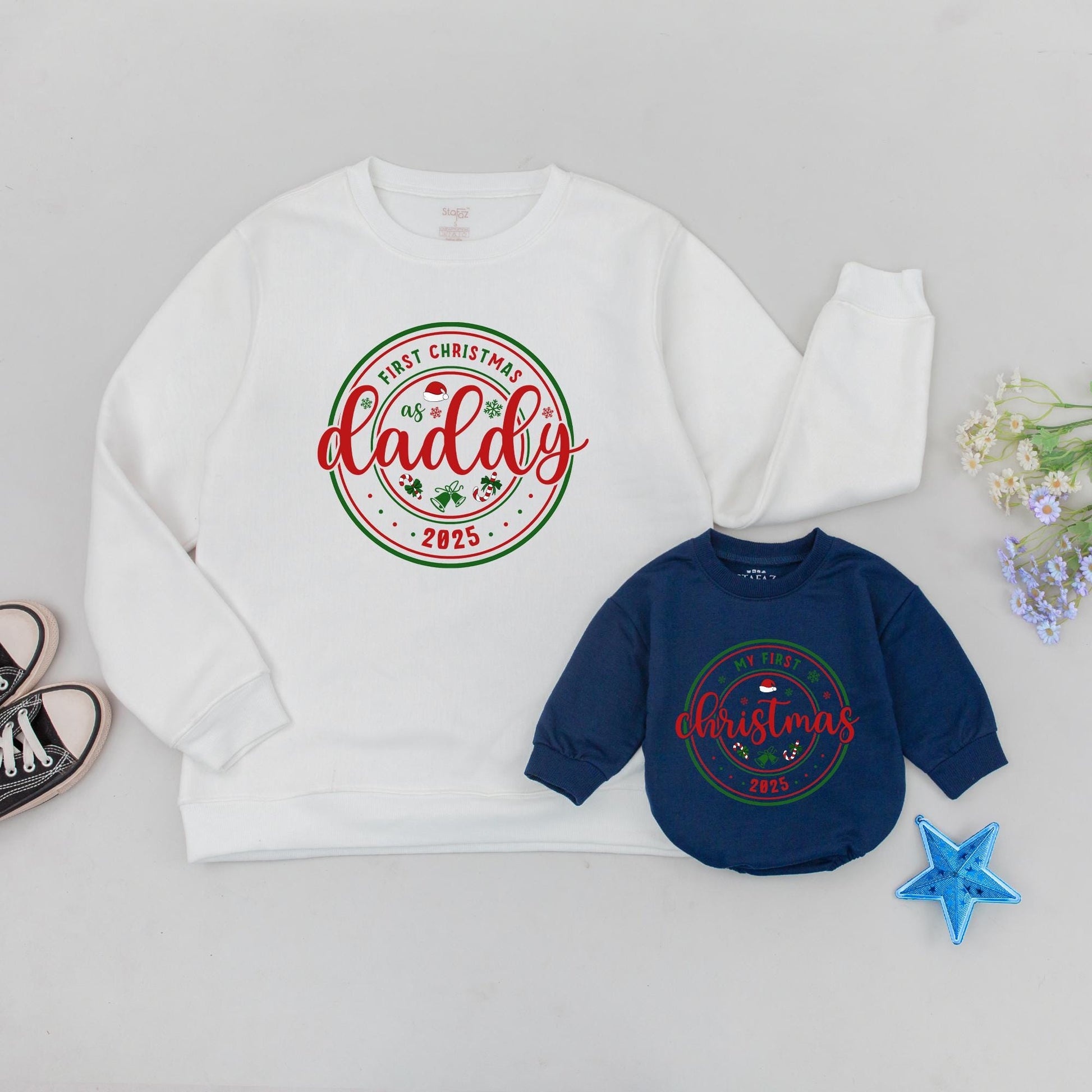 Personalized First Christmas as Mommy/Daddy Cursive Red Sweatshirt, Matching Family 2025 Holiday Outfit, Baby's First Christmas Gift