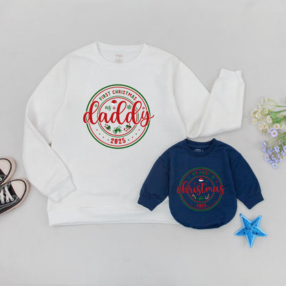 Personalized First Christmas as Mommy/Daddy Cursive Red Sweatshirt, Matching Family 2025 Holiday Outfit, Baby's First Christmas Gift
