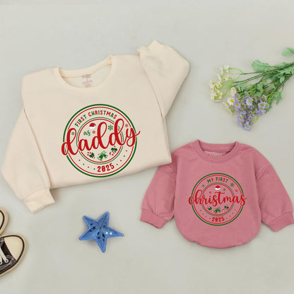 Personalized First Christmas as Mommy/Daddy Cursive Red Sweatshirt, Matching Family 2025 Holiday Outfit, Baby's First Christmas Gift
