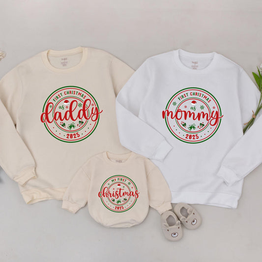 Personalized First Christmas as Mommy/Daddy Cursive Red Sweatshirt, Matching Family 2025 Holiday Outfit, Baby's First Christmas Gift