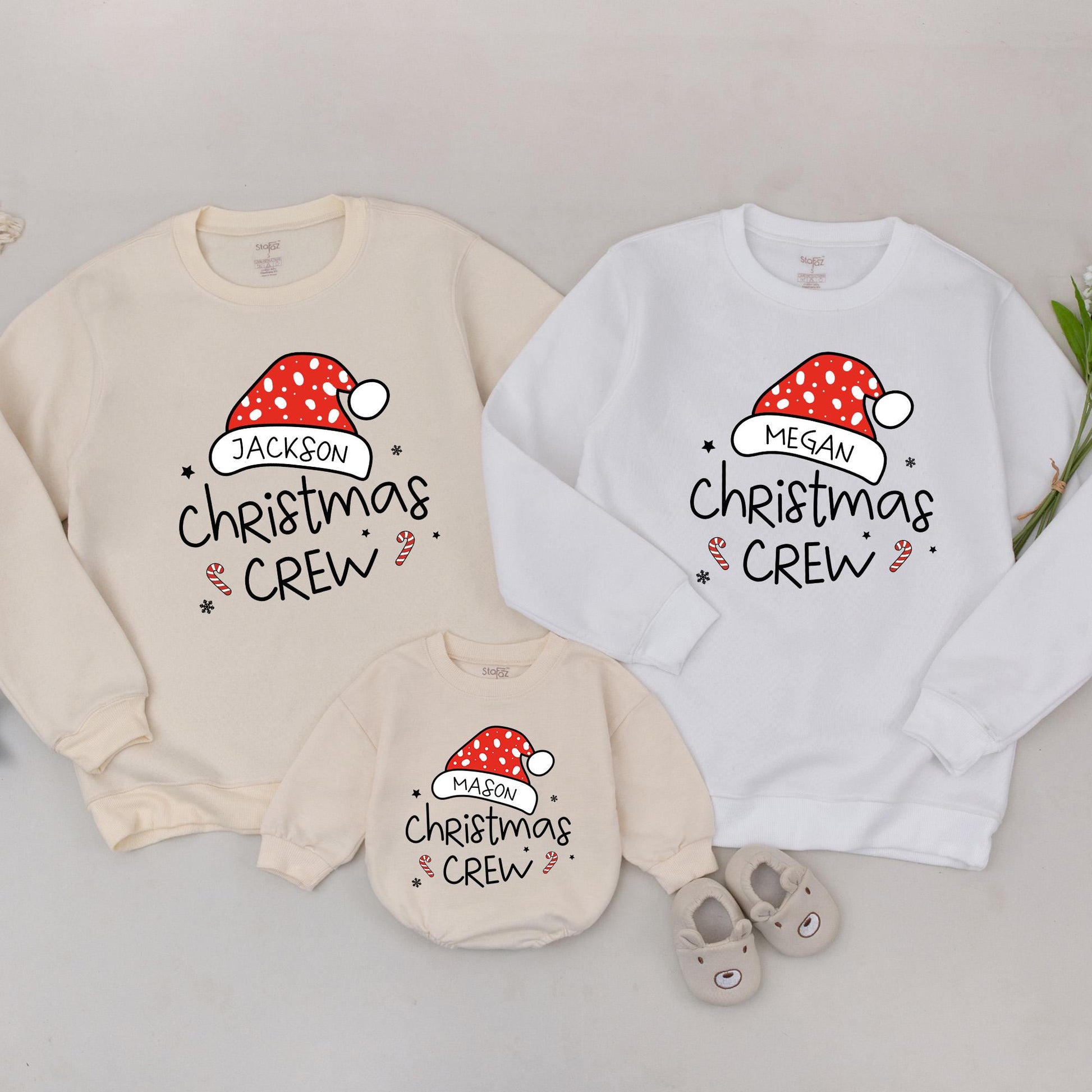 Personalized Christmas Crew Sweatshirt: Matching Family Holiday Sweaters with Custom Name Santa Hat, Xmas Squad Outfit, Festive Vintage Gift for Mom & Me