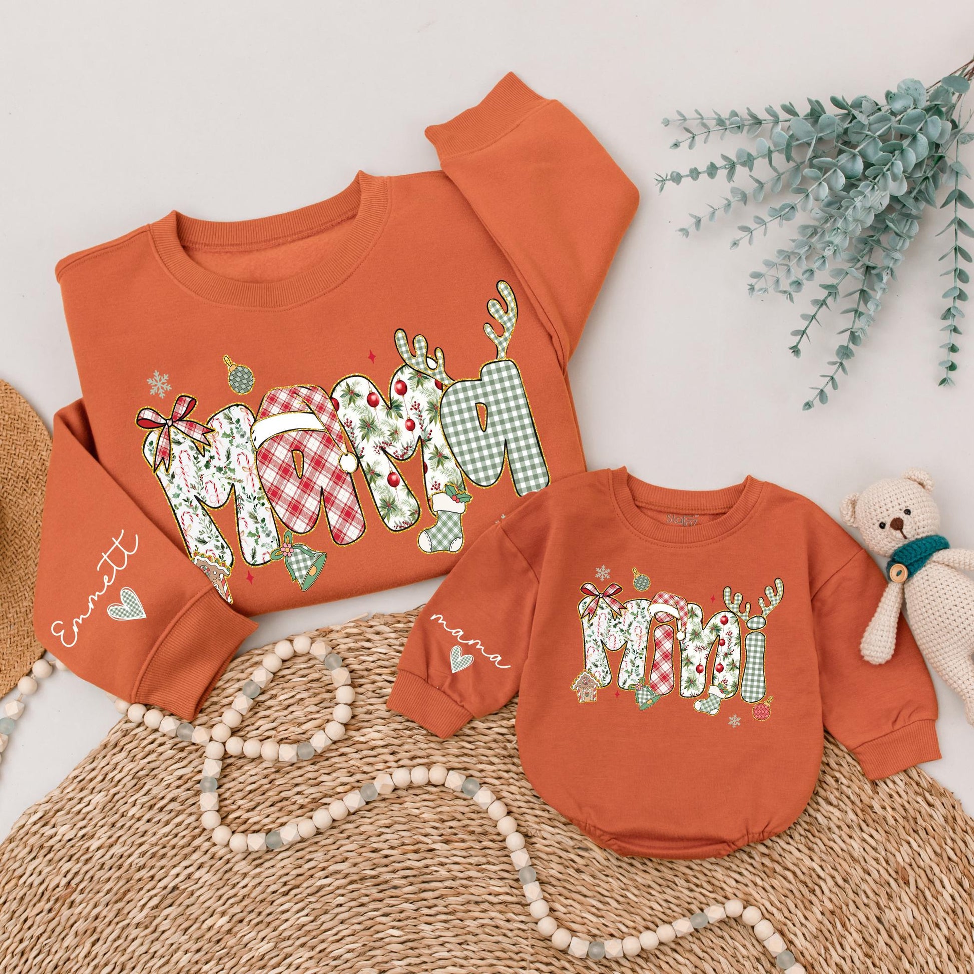 Matching Mama and Mini Christmas Sweatshirts with Gold Glitter Letters, Cute Family Xmas Outfits, Personalized Mom and Baby Holiday Sweaters, First Christmas