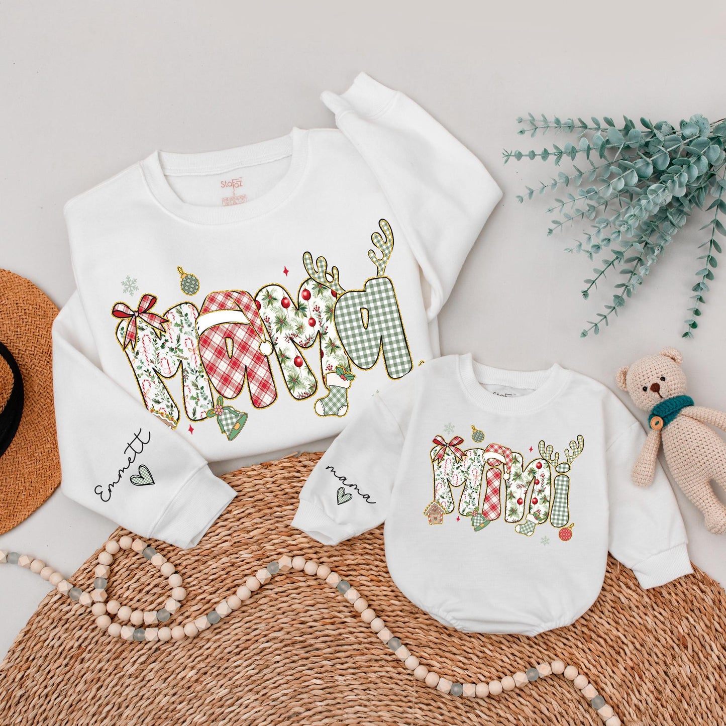 Matching Mama and Mini Christmas Sweatshirts with Gold Glitter Letters, Cute Family Xmas Outfits, Personalized Mom and Baby Holiday Sweaters, First Christmas