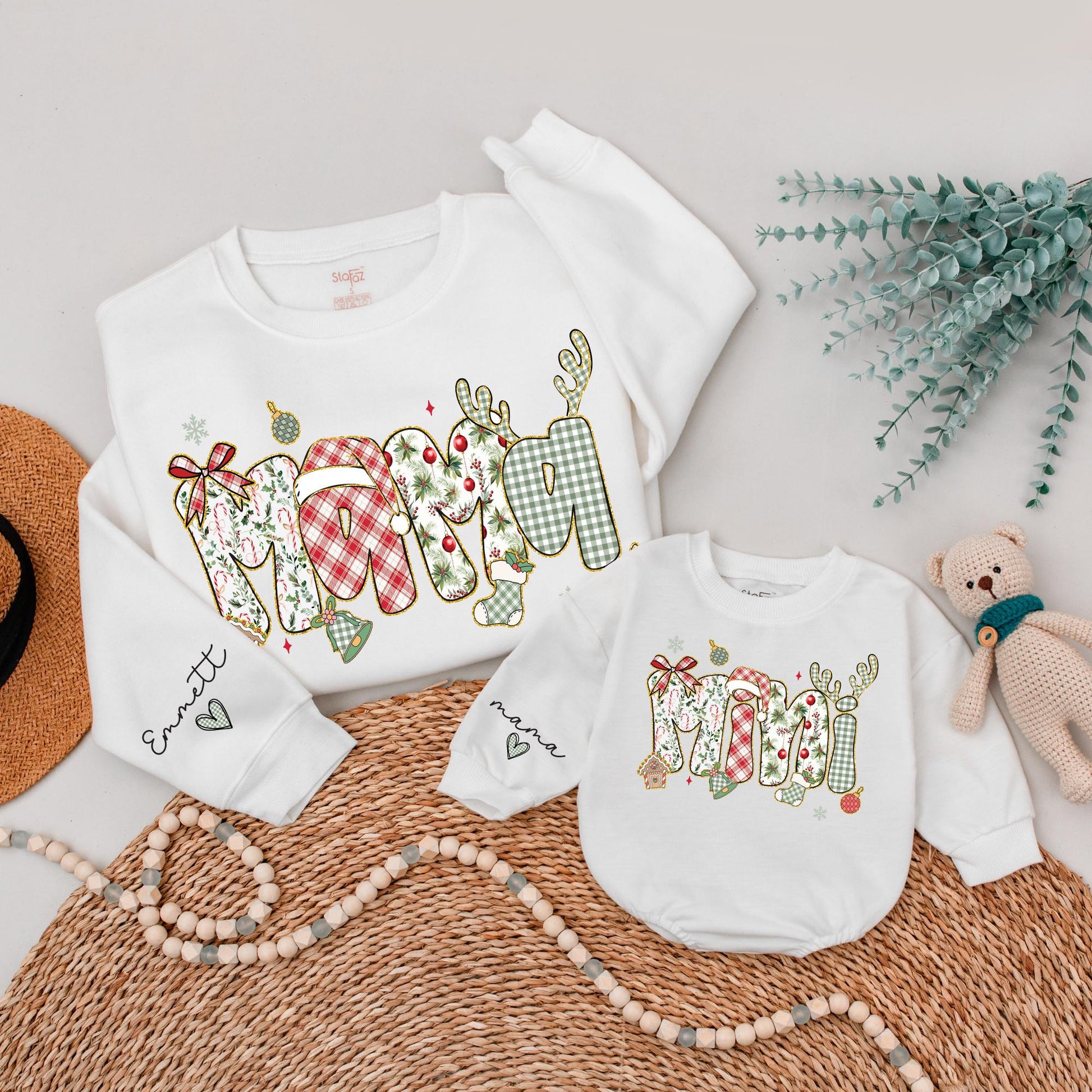 Matching Mama and Mini Christmas Sweatshirts with Gold Glitter Letters, Cute Family Xmas Outfits, Personalized Mom and Baby Holiday Sweaters, First Christmas
