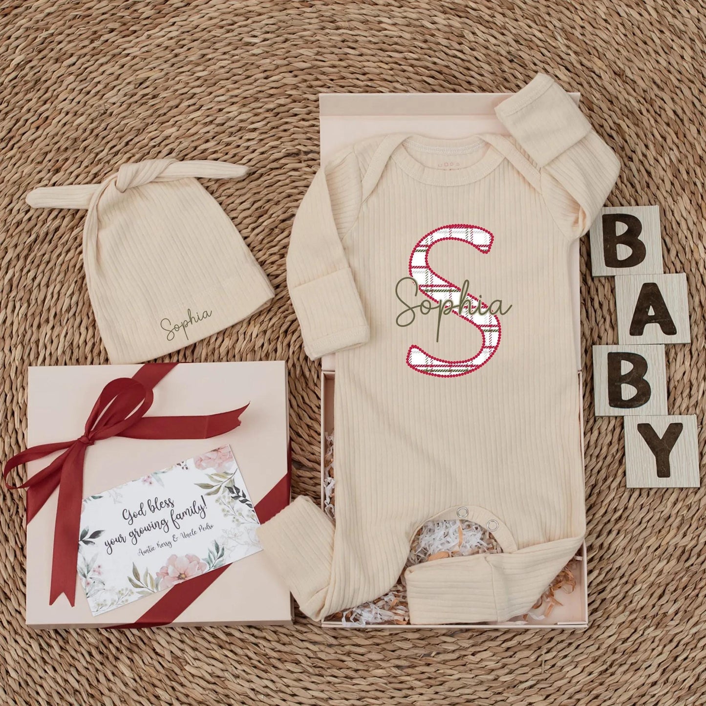 Personalized Christmas Baby Bodysuit with Plaid Letter S and Sophia Name Newborn Holiday Outfit Festive Classic Gender Neutral Gift