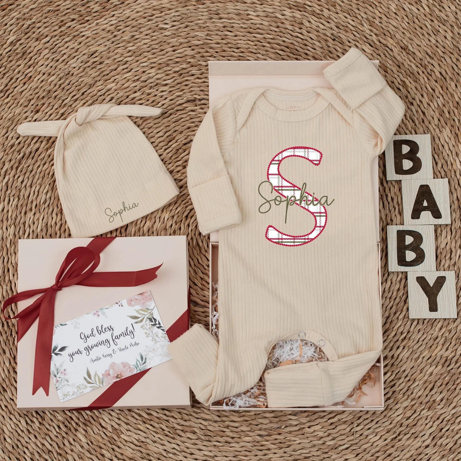 Personalized Christmas Baby Bodysuit with Plaid Letter S and Sophia Name Newborn Holiday Outfit Festive Classic Gender Neutral Gift