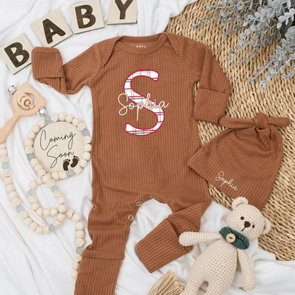 Personalized Christmas Baby Bodysuit with Plaid Letter S and Sophia Name Newborn Holiday Outfit Festive Classic Gender Neutral Gift