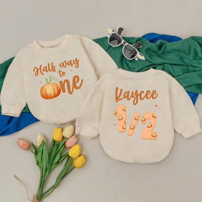 Personalized Half Way to One Pumpkin Romper Whimsical Fall Half Birthday Outfit for Baby Girl 6 Months Celebration Gift