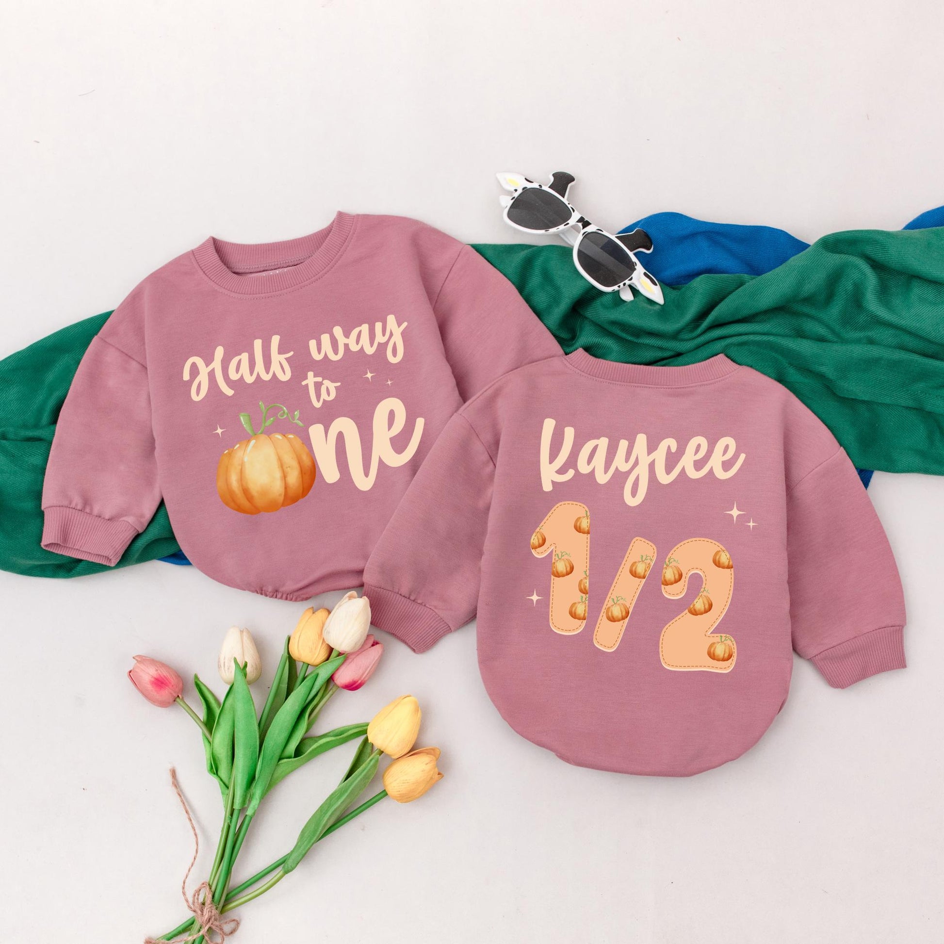 Personalized Half Way to One Pumpkin Romper Whimsical Fall Half Birthday Outfit for Baby Girl 6 Months Celebration Gift