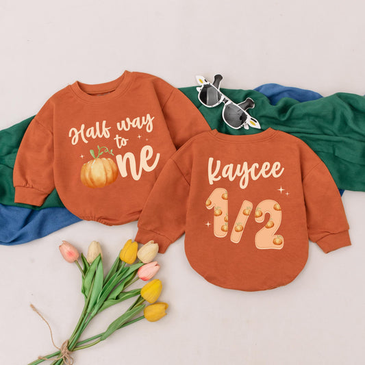 Personalized Half Way to One Pumpkin Romper Whimsical Fall Half Birthday Outfit for Baby Girl 6 Months Celebration Gift