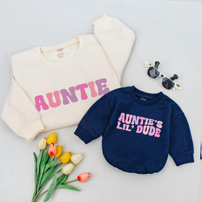 Retro Auntie and Lil' Dude Matching Sweatshirts Vintage Pink Purple Gradient Outfit for New Aunt Gift Baby Shower Birthday Toddler Boy