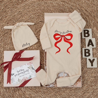 Merry Christmas Baby Bodysuit with Red Bow, Festive Newborn Girl Clothes, Custom First Christmas Outfit, Baby Shower Gift, Xmas