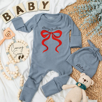 Merry Christmas Baby Bodysuit with Red Bow, Festive Newborn Girl Clothes, Custom First Christmas Outfit, Baby Shower Gift, Xmas