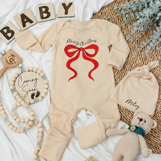 Merry Christmas Baby Bodysuit with Red Bow, Festive Newborn Girl Clothes, Custom First Christmas Outfit, Baby Shower Gift, Xmas