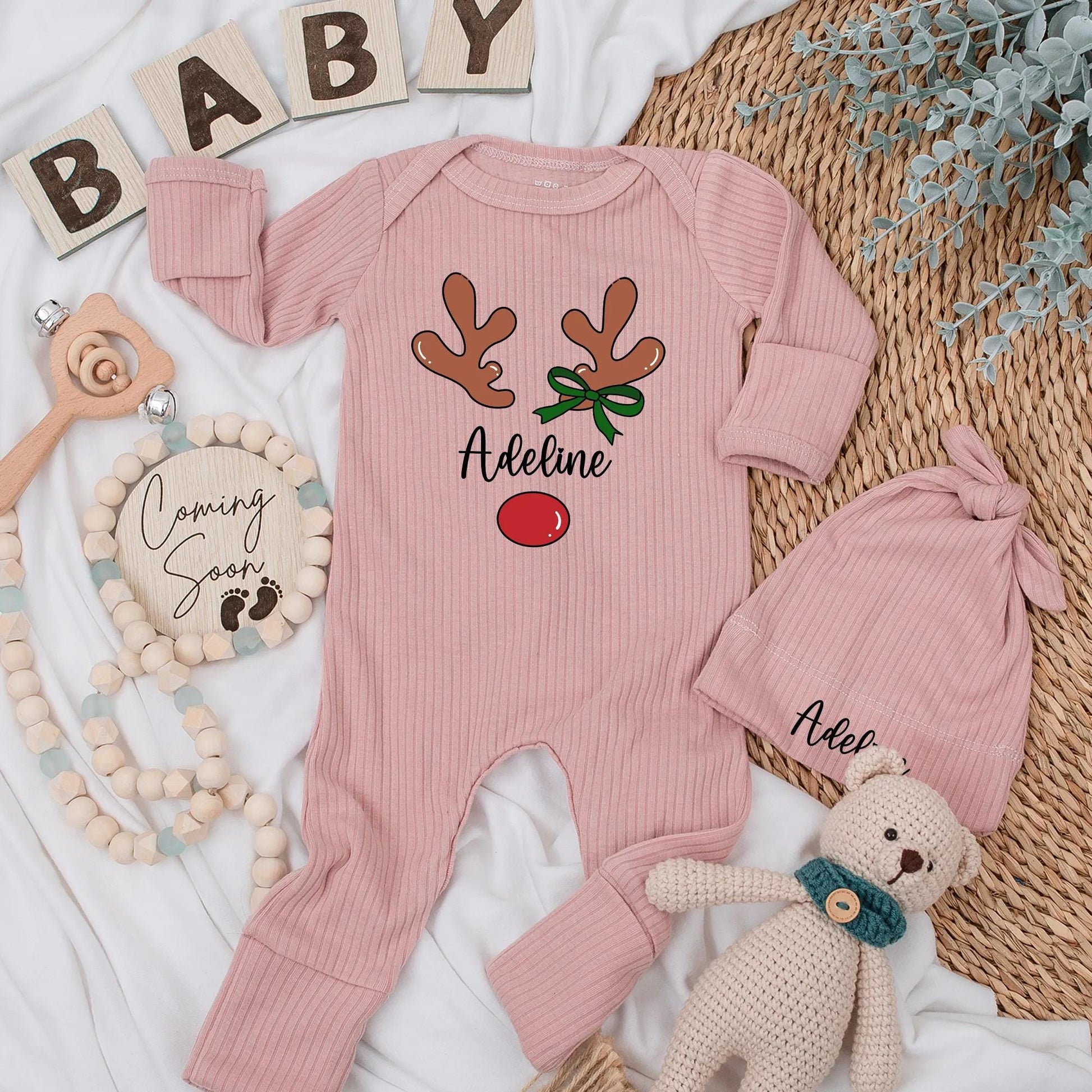 Personalized Reindeer Baby Girl Bodysuit My First Christmas Newborn Outfit with Cute Antler Name Design, Baby Shower Gift
