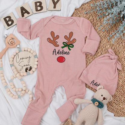Personalized Reindeer Baby Girl Bodysuit My First Christmas Newborn Outfit with Cute Antler Name Design, Baby Shower Gift
