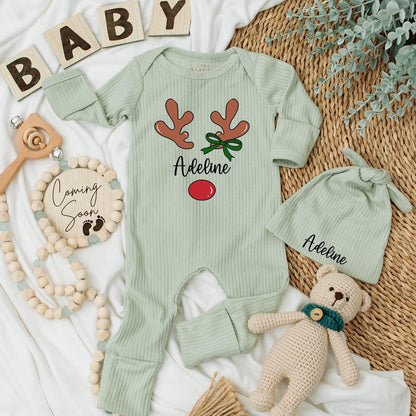 Personalized Reindeer Baby Girl Bodysuit My First Christmas Newborn Outfit with Cute Antler Name Design, Baby Shower Gift